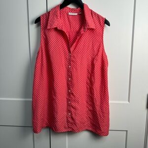 Susan Graver Size Large Pink with White Dots Button up Sleeveless Blouse Shirt